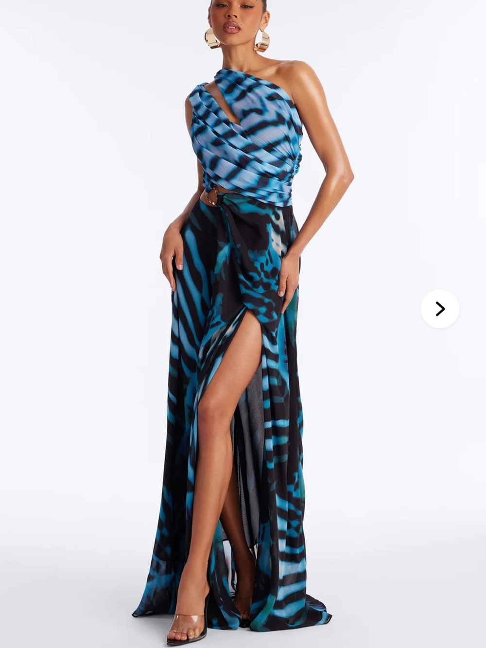 ISO- Fashion Nova Jessika Blue & Black Chiffon High-Slit Maxi Dress